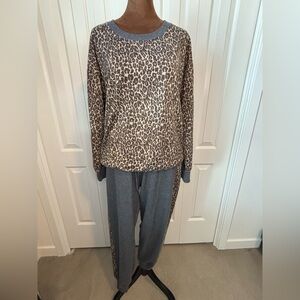 Splendid Pajama Set Womens Med Gray Leopard Print 2pc Lounge Cozy Animal Print